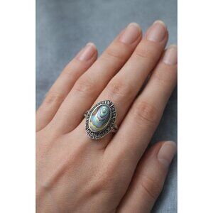 Vintage 925 Sterling Silver Abalone Marcasite Ring Art Deco Style Size 9
